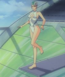 Rule 34 | 1990s (style), 1girl, bare legs, bare shoulders, breasts, cleavage, cleavage cutout, clothing cutout, diving block, gatchaman, goggles, jun the swan, one-piece swimsuit, retro artstyle, screencap, shiny skin, skin tight, solo, swim cap, swimsuit, tatsunoko production, third-party edit, toes, umetsu yasuomi