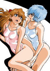 Rule 34 | 2girls, absurdres, ayanami rei, barefoot, blue eyes, blue hair, breasts, brown hair, covered navel, expressionless, eye contact, eywy4324, grabbing, grabbing another&#039;s ass, grabbing from behind, hair between eyes, hair ornament, highleg, highleg swimsuit, highres, kneeling, long hair, looking at another, lying, medium breasts, multiple girls, neon genesis evangelion, one-piece swimsuit, pink one-piece swimsuit, red eyes, short hair, simple background, sitting, skin tight, souryuu asuka langley, swimsuit, two side up, white background, white one-piece swimsuit
