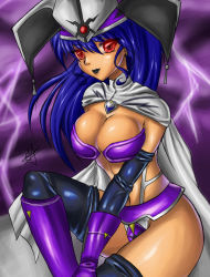 Rule 34 | 1girl, althena, blue hair, boots, breasts, cape, capelet, cleavage, dark skin, dark-skinned female, elbow gloves, female focus, game arts, gloves, hat, large breasts, lipstick, long hair, luna noah, lunar, lunar: the silver star, makeup, red eyes, solo, thighhighs