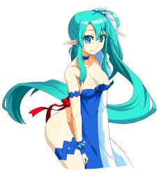 Rule 34 | 1girl, absurdres, ahoge, blue eyes, bracelet, breasts, choker, cleavage, earrings, goushu, green hair, hair bobbles, hair ornament, highres, jewelry, large breasts, leaning forward, long hair, looking at viewer, m.u.g.e.n, mia misciano, no bra, no panties, original, pointy ears, ribbon, side ponytail, simple background, smile, solo, thigh strap, very long hair, white background