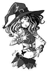 Rule 34 | 1girl, bandages, belt, bracelet, closed eyes, crop top, greyscale, hat, jewelry, long hair, midriff, miniskirt, monochrome, navel, original, parted lips, shirt, sikel, simple background, skirt, sleeveless, solo, star (symbol), tattoo, white background, witch hat