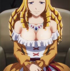 Rule 34 | 1girl, bare shoulders, blonde hair, blue eyes, breasts, cleavage, detached sleeves, dress, drill hair, frills, highres, jewelry, large breasts, long hair, long sleeves, looking at viewer, necklace, overlord (maruyama), smile, solo, solution epsilon