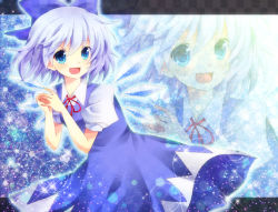 Rule 34 | 1girl, blue eyes, blue hair, bow, cirno, dress, female focus, glowing, hair bow, matching hair/eyes, open mouth, ribbon, runako, short hair, smile, solo, sparkle, embodiment of scarlet devil, touhou, wings, zoom layer