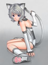 Rule 34 | 1girl, animal ears, bell, blue eyes, brazen, cat ears, cat tail, collar, elbow gloves, fingerless gloves, gloves, grey hair, holding own tail, kneeling, looking at viewer, neck bell, original, parted lips, paw print, shoe soles, short hair, simple background, sitting, solo, tail, wariza