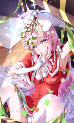 Rule 34 | 1girl, absurdres, angel wings, armpits, blue archive, blush, box, breasts, christmas, closed mouth, dress, feathered wings, floor, gift, gift box, gloves, halo, highres, indoors, long hair, looking at viewer, medium breasts, mika (blue archive), norimori, pink hair, pink halo, pom pom (clothes), red dress, santa costume, smile, solo, thighhighs, white gloves, white thighhighs, white wings, wings, yellow eyes