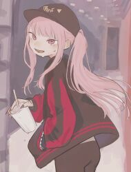 Rule 34 | 1girl, absurdres, black hat, black pants, cup, disposable cup, hand in pocket, hat, highres, holding, holding cup, hololive, hololive english, indoors, jacket, long hair, long sleeves, looking at viewer, mori calliope, mori calliope (streetwear), nail polish, open mouth, pants, pink eyes, pink hair, ponytail, sidelocks, solo, sweat, virtual youtuber, yunoki itsugu