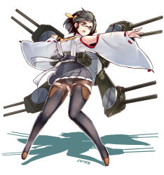 Rule 34 | 10s, 1girl, armpits, black hair, boots, crotch seam, detached sleeves, dev (dev0614), glasses, hairband, highres, japanese clothes, kantai collection, kirishima (kancolle), machinery, nontraditional miko, open mouth, panties, panties under pantyhose, pantyhose, pantyshot, personification, short hair, solo, thigh boots, thighhighs, torn clothes, torn legwear, turret, underwear, wide sleeves, yellow eyes