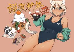 Rule 34 | 1girl, :t, animal ear fluff, animal ears, black eyes, black one-piece swimsuit, blonde hair, bowl, breasts, chinese zodiac, chopsticks, cleavage, competition swimsuit, cow, eating, food, fruit, green jacket, holding, holding bowl, holding chopsticks, jacket, kr ohoshisama, large breasts, mochi, new year, off shoulder, one-piece swimsuit, orange (fruit), orange background, original, short hair, simple background, solo, spinning top, swimsuit, tail, year of the ox