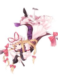 Rule 34 | 1girl, antinomy of common flowers, black footwear, blonde hair, commentary, commentary request, dress, gap (touhou), grin, hair ribbon, hand fan, hat, hat ribbon, highres, long hair, long sleeves, looking at viewer, minust, mob cap, purple eyes, red ribbon, ribbon, simple background, smile, solo, top-down bottom-up, touhou, white background, white dress, white legwear, wide sleeves, yakumo yukari