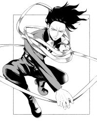 Rule 34 | 1boy, 2elu2, absurdres, bags under eyes, belt, black hair, boku no hero academia, boots, closed mouth, collarbone, collared jumpsuit, eraser head (boku no hero academia), facial hair, goatee, greyscale, highres, jumpsuit, large hands, long hair, long scarf, long sleeves, looking ahead, male focus, monochrome, mustache, red eyes, scar, scar on face, scarf, scarf grab, solo, spot color