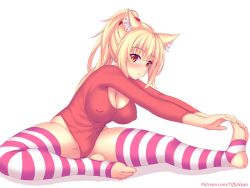 Rule 34 | 1girl, animal ear fluff, animal ears, barefoot, blonde hair, blush, breasts, cat ears, cleavage, covered erect nipples, feet, full body, highres, large breasts, leotard, long hair, looking at viewer, nottytiffy, original, patreon username, ponytail, red eyes, shadow, simple background, sitting, slit pupils, solo, spread legs, stirrup legwear, stretching, striped clothes, striped thighhighs, thighhighs, tiffy (nottytiffy), toeless legwear, watermark, web address, white background