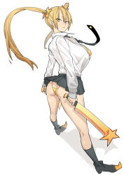 Rule 34 | 1girl, ass, black footwear, black necktie, black socks, blonde hair, breasts, butt crack, character request, clothes lift, dual wielding, from side, full body, hair between eyes, highres, holding, huge breasts, legs apart, long hair, long sleeves, looking at viewer, looking back, miniskirt, necktie, pointy footwear, shoes, simple background, skirt, skirt lift, socks, solo, spread legs, standing, star-shaped pupils, star (symbol), symbol-shaped pupils, thong, twintails, velzhe, white background