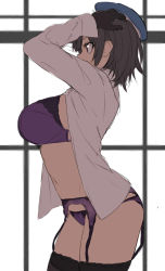 Rule 34 | 10s, 1girl, arms up, ass, beret, black gloves, black hair, bra, breasts, cowboy shot, cropped legs, from side, garter belt, garter straps, gloves, hat, isshiki (ffmania7), kantai collection, large breasts, lingerie, long sleeves, open clothes, open shirt, panties, partially undressed, purple bra, purple panties, red eyes, shirt, short hair, sketch, solo, takao (kancolle), thighhighs, underwear, white shirt