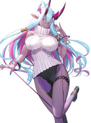 Rule 34 | 1girl, aran sweater, bangle, bare arms, bare shoulders, black footwear, black skirt, blue hair, blue nails, bracelet, breasts, cable knit, colored eyelashes, colored skin, commentary request, dark-skinned female, dark skin, fate/grand order, fate (series), female focus, hair between eyes, hand up, head tilt, highres, horns, ibuki douji (fate), jewelry, large breasts, long hair, looking at viewer, multicolored hair, nail polish, parted lips, pelvic curtain, pink hair, pointy ears, red eyes, ribbed sweater, ririko (zhuoyandesailaer), shoes, simple background, skirt, sleeveless, sleeveless sweater, sleeveless turtleneck, smile, solo, standing, standing on one leg, sweater, turtleneck, turtleneck sweater, two-tone hair, very long hair, white background, white sweater