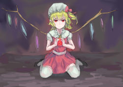 Rule 34 | 1girl, black footwear, blonde hair, bow, commentary request, dress, flandre scarlet, full body, hair bow, hat, highres, looking at viewer, mob cap, pointy ears, red bow, red dress, red eyes, short sleeves, shrimp cc, sitting, solo, thighhighs, touhou, wariza, white thighhighs, yellow neckwear