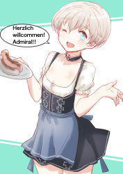 Rule 34 | 1girl, apron, blouse, blue eyes, bodice, choker, commentary request, cowboy shot, cross, dirndl, dress, flat chest, food, fuji (pixiv24804665), german clothes, german text, highres, iron cross, kantai collection, one eye closed, pinafore dress, puffy short sleeves, puffy sleeves, sausage, shirt, short hair, short sleeves, sleeveless dress, solo, translated, waist apron, waitress, white hair, z1 leberecht maass (kancolle)