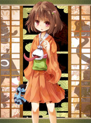 Rule 34 | 1girl, :o, :p, bad id, bad pixiv id, bag, brown hair, character request, copyright request, creature, eyelashes, hair ornament, hairclip, harapekopikachu, holding, japanese clothes, kimono, long sleeves, looking at viewer, mask, monster, obi, purple eyes, sash, short hair, sliding doors, solo, standing, tongue, tongue out