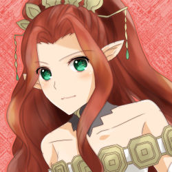 Rule 34 | 1girl, aqua eyes, bare shoulders, blush, breasts, choker, dress, hair ornament, inanna, long hair, pointy ears, ponytail, red background, red hair, smile, tales of (series), tales of innocence