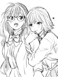 Rule 34 | 2girls, arm hug, blush, bow, bowtie, closed mouth, collared shirt, embarrassed, glasses, greyscale, heart, highres, jacket, long hair, long sleeves, monochrome, multiple girls, nikaidou kou, open clothes, open jacket, open mouth, original, school uniform, shirt, short hair, simple background, sketch, smile, white background, wide-eyed, wing collar, yuri