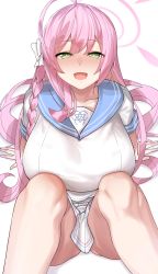 Rule 34 | 1girl, absurdres, ahoge, arm support, blue archive, blue sailor collar, blush, bow, braid, breasts, green eyes, halo, hanako (blue archive), highres, huge breasts, long hair, looking at viewer, miniskirt, mung (larnec), open mouth, pink hair, pleated skirt, sailor collar, school uniform, shirt, short sleeves, side braid, sitting, skirt, smile, solo, thick thighs, thighs, torogao, very long hair, white bow, white shirt, white skirt