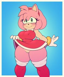 Rule 34 | 1girl, absurdres, amy rose, blue background, bracelet, breasts, cleft of venus, covered erect nipples, curvy, furry, furry female, gloves, green eyes, hairband, hedgehog, hedgehog ears, hedgehog tail, highres, jewelry, large breasts, looking at viewer, no panties, pussy, smile, solo, sonic (series), stunnerpony, sweat, tail, thick thighs, thighhighs, thighs, uncensored, white gloves, wide hips