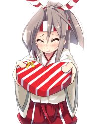 Rule 34 | 10s, 1girl, ^ ^, amano kouki, blush, box, candy, chocolate, chocolate heart, closed eyes, closed eyes, food, gift, gift box, hachimaki, hakama, hakama skirt, headband, heart, highres, holding, japanese clothes, kantai collection, looking at viewer, open mouth, ponytail, pov, red hakama, silver hair, sketch, skirt, solo, valentine, zuihou (kancolle)