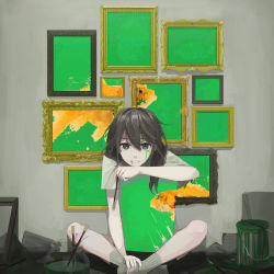 Rule 34 | 1girl, absurdres, bad id, bad pixiv id, brown eyes, brown hair, brown socks, commentary, crowcrycaw, fish, fishbowl, glitch, goldfish, grin, hair between eyes, hand on own chin, head rest, highres, holding, holding paintbrush, indian style, indoors, korean commentary, long hair, looking at viewer, messy, messy hair, messy room, on floor, original, paint can, paint splatter, paint splatter on face, paintbrush, painting (object), picture frame, shirt, shorts, sitting, smile, socks, solo, t-shirt, tree, white shirt