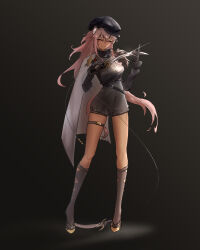 Rule 34 | 1girl, absurdres, animal ear fluff, animal ears, arknights, belt, black footwear, black gloves, black hat, black shorts, boots, breasts, cabbie hat, cape, dark background, frilled sleeves, frills, full body, garrote, gloves, gradient background, gravel (arknights), gravel (modeling night) (arknights), guardless sword, hand on blade, hat, high-waist shorts, highres, hollow 555, index finger raised, jewelry, legs, long hair, long sleeves, looking at viewer, medium breasts, official alternate costume, parted lips, pendant, pink hair, prairie dog ears, prairie dog tail, red eyes, shorts, simple background, smile, solo, tail, thigh strap, very long hair, white cape