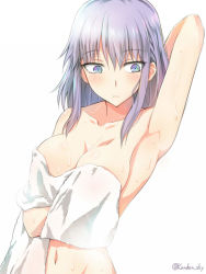 Rule 34 | 10s, 1girl, areola slip, arm up, armpits, breasts, cleavage, collarbone, covering privates, dagashi kashi, drying, kanden sky, large breasts, light purple hair, naked towel, navel, nude cover, purple eyes, shidare hotaru, solo, towel, toweling off, wet