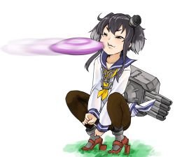 Rule 34 | 1girl, afterimage, black hair, brown pantyhose, dress, frisbee, grass, in the face, kantai collection, meme, multicolored hair, one eye closed, pantyhose, parody, sailor dress, short hair with long locks, silver hair, simple background, solo, squatting, tokitsukaze (kancolle), two-tone hair, watanore