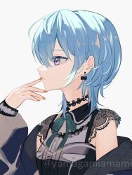 Rule 34 | 1girl, black choker, black jacket, black shirt, blue eyes, blue hair, bow, bow earrings, choker, commentary, earrings, from side, highres, hololive, hoshimachi suisei, hoshimachi suisei (streetwear), jacket, jacket partially removed, jewelry, lace, lace choker, lace sleeves, nail polish, neck ribbon, official alternate costume, official alternate hair length, official alternate hairstyle, red nails, ribbon, see-through, see-through sleeves, shirt, short hair, short sleeves, solo, star (symbol), star in eye, symbol-only commentary, symbol in eye, twitter username, upper body, virtual youtuber, yamagamiamami