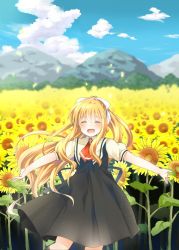 Rule 34 | 00s, 1girl, air (visual novel), blonde hair, closed eyes, flower, highres, kamio misuzu, long hair, outstretched arms, school uniform, smile, sunflower, yui (ntm-21)