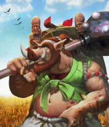 Rule 34 | 1boy, artist request, bandages, beard, bird, brown hair, card (medium), chaos online, cloud, day, facial hair, gift, green eyes, mace, male focus, navel, official art, outdoors, pointy ears, sky, solo, tubalkein, tusks, warthog, weapon