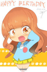 Rule 34 | 1girl, :d, aged down, artist name, blue shirt, blunt bangs, child, commentary, dated, english text, full body, girls und panzer, happy birthday, highres, jinguu (4839ms), kindergarten uniform, long hair, long sleeves, looking at viewer, open mouth, orange eyes, orange hair, pleated skirt, salute, shirt, signature, skirt, smile, solo, takebe saori, yellow skirt