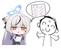 Rule 34 | 1boy, 1girl, animal ears, black bow, black dress, black hair, black jacket, blue archive, bow, brown eyes, chibi, doodle sensei (blue archive), dress, grey hair, hair bow, halo, highres, holding, jacket, kokona (blue archive), long hair, long sleeves, multicolored hair, off shoulder, ohihil, open clothes, open jacket, open mouth, puffy long sleeves, puffy sleeves, sensei (blue archive), simple background, square mouth, streaked hair, test score, very long hair, white background