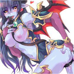 Rule 34 | 1girl, astaroth (shinrabanshou), black sclera, blue skin, blush, breasts, colored sclera, colored skin, demon girl, horns, large breasts, lowres, pointy ears, purple nipples, shinrabanshou, solo, tail, thighhighs, wings