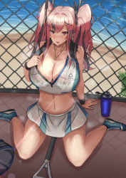 Rule 34 | 1girl, absurdres, arm support, azur lane, bag, bare legs, bare shoulders, beach, black bra, black hair, blush, bottle, bra, breasts, bremerton (azur lane), bremerton (scorching-hot training) (azur lane), chain-link fence, chronoka, cleavage, collarbone, collared shirt, commentary request, crop top, crop top overhang, day, duffel bag, fence, full body, green footwear, green skirt, groin, hair between eyes, hair intakes, hair ornament, hairclip, heart, heart necklace, highres, holding, holding racket, jewelry, large breasts, lens flare, long hair, looking at viewer, midriff, mole, mole under eye, multicolored hair, navel, navel piercing, necklace, ocean, piercing, pink eyes, pink hair, racket, sand, see-through, shadow, shirt, shirt tug, shoes, sidelocks, sitting, skirt, sleeveless, sleeveless shirt, sneakers, solo, sportswear, steam, streaked hair, sweat, tennis racket, tennis uniform, twintails, two-tone hair, two-tone shirt, two-tone skirt, underwear, wariza, water bottle, water drop, wet, wet clothes, wet shirt, wet skirt, white shirt, white skirt, wristband, x hair ornament