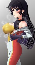 Rule 34 | 1girl, bare shoulders, biker clothes, bikesuit, black hair, blush, bodysuit, breasts, check commentary, choker, commentary, commentary request, cutie honey, cutie honey (character), cutie honey flash, gradient background, gradient hair, grey background, highres, hot, hurricane honey, large breasts, long hair, looking at viewer, looking to the side, momoisaki42, multicolored hair, parted lips, profile, purple eyes, sidelocks, simple background, skin tight, sparkling sweat, steam, steaming body, sweat, sweat stain, sweaty clothes, underwear, undressing, walking