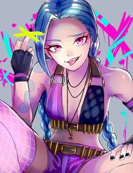 Rule 34 | 1girl, asymmetrical gloves, belt, bikini, bikini top only, blue hair, braid, breasts, bullet, censored, elbow gloves, facing viewer, fingerless gloves, gloves, jewelry, jinx (league of legends), league of legends, long hair, looking up, middle finger, nail polish, navel, pendant, pink eyes, pointless censoring, short shorts, shorts, single elbow glove, single thighhigh, small breasts, solo, swimsuit, tattoo, thigh strap, thighhighs, twin braids, uneven gloves, very long hair