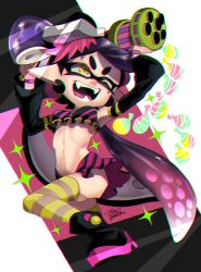 Rule 34 | 1girl, :d, ;d, alternate costume, arms up, black footwear, boots, breasts, burst bomb (splatoon), callie (splatoon), chromatic aberration, detached sleeves, earrings, fangs, food, food on head, gradient hair, hair rings, highres, inkling, isamu-ki (yuuki), jewelry, long hair, long sleeves, mask, mini splatling (splatoon), miniskirt, mole, mole under eye, multicolored hair, navel, nintendo, object on head, one eye closed, open mouth, pink hair, pointy ears, purple hair, signature, skirt, small breasts, smile, solo, sparkle, striped clothes, striped skirt, striped thighhighs, suction cups, teeth, tentacle hair, thighhighs, two-tone hair, v-shaped eyebrows, very long hair, wristband, yellow eyes