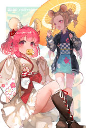 Rule 34 | 1girl, animal ears, black jacket, black nails, blue kimono, boots, brown footwear, brown hair, checkered sash, cheese, chinese zodiac, commentary request, cross-laced footwear, drill hair, food, food in mouth, forehead, highres, holding, holding food, holding umbrella, jacket, japanese clothes, kimono, knee boots, knees up, lace-up boots, long sleeves, madaragi, mouse ears, mouth hold, nail polish, new year, obi, oil-paper umbrella, open clothes, open jacket, original, parted bangs, pinching sleeves, ponytail, puffy long sleeves, puffy sleeves, red eyes, red hair, sash, sitting, sleeves past wrists, solo, standing, thighhighs, umbrella, v-shaped eyebrows, white kimono, white thighhighs, wide sleeves, year of the rat, yellow umbrella
