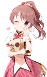 Rule 34 | 1girl, absurdres, bag, blush, bow, brown eyes, brown hair, buchi (y0u0ri ), closed mouth, dot nose, doughnut, dress, dress bow, food, hair ornament, hair scrunchie, heart, highres, holding, holding bag, idolmaster, idolmaster cinderella girls, idolmaster cinderella girls starlight stage, long hair, looking at viewer, ok sign, one eye closed, pink dress, pink ribbon, ponytail, ribbon, scrunchie, shiina noriko, short sleeves, simple background, smile, solo, striped ribbon, white background, yellow ribbon