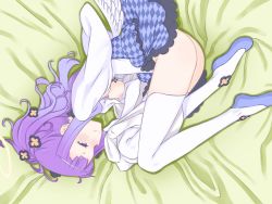 Rule 34 | 1girl, ass, bed, blush, boots, breasts, feet, female masturbation, hou (hachiyou), legs, long hair, looking away, lying, masturbation, nipples, no panties, on side, purple eyes, purple hair, skirt, small breasts, smile, solo, spinel (summon night), summon night, summon night 5, thigh boots, thighhighs, thighs