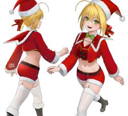 Rule 34 | 1girl, ahoge, blonde hair, blush, boots, braid, breasts, capelet, carlo montie, christmas, cleavage, cropped jacket, fate/extra, fate (series), female focus, french braid, fur-trimmed capelet, fur-trimmed headwear, fur trim, green eyes, hair bun, hair intakes, hair ribbon, hat, highres, jacket, large breasts, long hair, long sleeves, looking at viewer, midriff, multiple views, navel, nero claudius (fate), nero claudius (fate) (all), nero claudius (fate/extra), open mouth, red capelet, red headwear, red jacket, red ribbon, red shorts, ribbon, santa costume, santa hat, short shorts, shorts, simple background, single hair bun, smile, thighhighs, white thighhighs