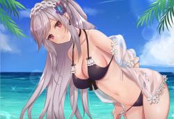 Rule 34 | 1girl, arms behind back, azur lane, bent over, bikini, black bikini, blue sky, blush, breasts, cleavage, closed mouth, cloud, collarbone, day, dunkerque (azur lane), dunkerque (summer sucre) (azur lane), kon (k0n16), light smile, long hair, looking at viewer, maid headdress, medium breasts, navel, ocean, red eyes, silver hair, sky, solo, sparkle, standing, sunlight, swimsuit