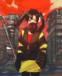 Rule 34 | 1girl, bearo, bilingual, black hair, black jacket, black pants, building, city, commentary, covered mouth, cowboy shot, empty eyes, english text, enomoto takane, floating hair, gas mask, glaring, headphones, highres, instagram username, jacket, kagerou project, long sleeves, mask, mixed-language text, multicolored clothes, multicolored jacket, outdoors, pants, partially unzipped, red eyes, red shirt, red sky, road, ruins, sanpaku, serious, shirt, signature, sky, solo, striped clothes, striped jacket, t-shirt, tiktok username, traffic light, twintails, twitter username, two-tone jacket, watermark, yellow jacket, zipper