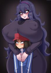Rule 34 | 1boy, 1girl, @ @, absurdres, ahoge, black background, black dress, black hair, black nails, blue eyes, blue jacket, blush, breasts, calem (pokemon), closed mouth, covered erect nipples, cowboy shot, creatures (company), dress, drunkavocado, game freak, gigantic breasts, gradient background, hair between eyes, hairband, hex maniac (pokemon), highres, jacket, large areolae, lipstick, long hair, long sleeves, looking down, looking up, makeup, matching hair/eyes, nail polish, nintendo, pokemon, pokemon xy, purple eyes, purple hair, purple lips, red headwear, simple background, size difference, smile, standing, steam, tall female, turtleneck, wavy mouth