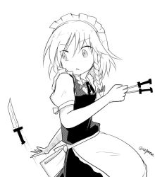 Rule 34 | apron, bow, braid, chestnut mouth, eyes visible through hair, greyscale, hair bow, izayoi sakuya, knife, knife behind back, looking back, maid, maid apron, maid headdress, monochrome, motion lines, short sleeves, skirt, solo, taurine 8000mg, tossing, touhou, twitter username