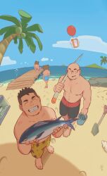 Rule 34 | 4boys, :d, ^ ^, abs, animal, atian (youtiange), bald, balloon, bara, beach, bear head, box, bucket, chai (youtiange), closed eyes, dot pupils, facial hair, fish, fisheye, fishing rod, footprints, from above, gift, gift box, goatee stubble, highres, holding, holding animal, holding fish, jaguar print, ji peng gou you, large pectorals, looking at viewer, male focus, male swimwear, mature male, mountain, multiple boys, muscular, muscular male, navel, nipples, open mouth, palm tree, pectorals, sand, short hair, sideburns, smile, standing, stomach, stubble, swim trunks, topless male, tree, youtian (youtiange)