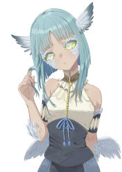 Rule 34 | 1girl, absurdres, arm cuffs, arm up, bare shoulders, bird girl, blue ribbon, bob cut, breasts, closed mouth, collar, colored sclera, detached collar, dot nose, feathered wings, feathers, frilled collar, frills, green hair, green sclera, twirling hair, head tilt, head wings, highres, inverted bob, looking to the side, low wings, medium hair, monster girl, nose, ribbon, simple background, small breasts, solo, somali to mori no kami-sama, taiga (ryukyu-6102-8), tan, uzoi (somali to mori no kami-sama), white background, white eyes, wings